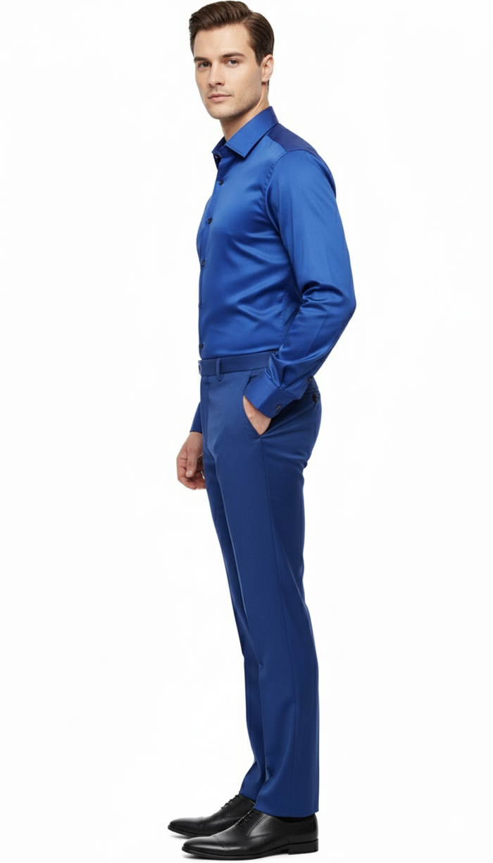Mens Royal Blue Satin Dress Shirt Luxury Long Sleeve Formal Shirt for Parties, Weddings, and Business Wear