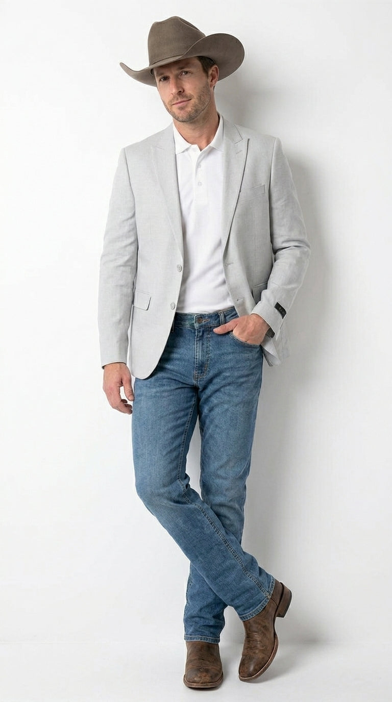 Men’s Very Light Grey - Linen Western Cowboy Blazer, Formal Sport Coat for Weddings, Parties, Country Events, and Casual Dress Wear in Ice Ash Color - 36 Short
