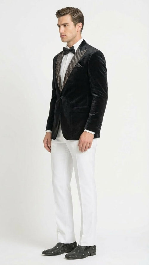 Mens Black Velvet Tuxedo Blazer with Studded Lapel  Formal Evening Jacket