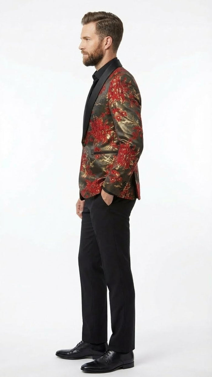 Mens Red and Gold Floral Pattern Paisley  Shawl Lapel | Luxury Evening and Party Wear Jacket Prom Christmas New Year Blazer