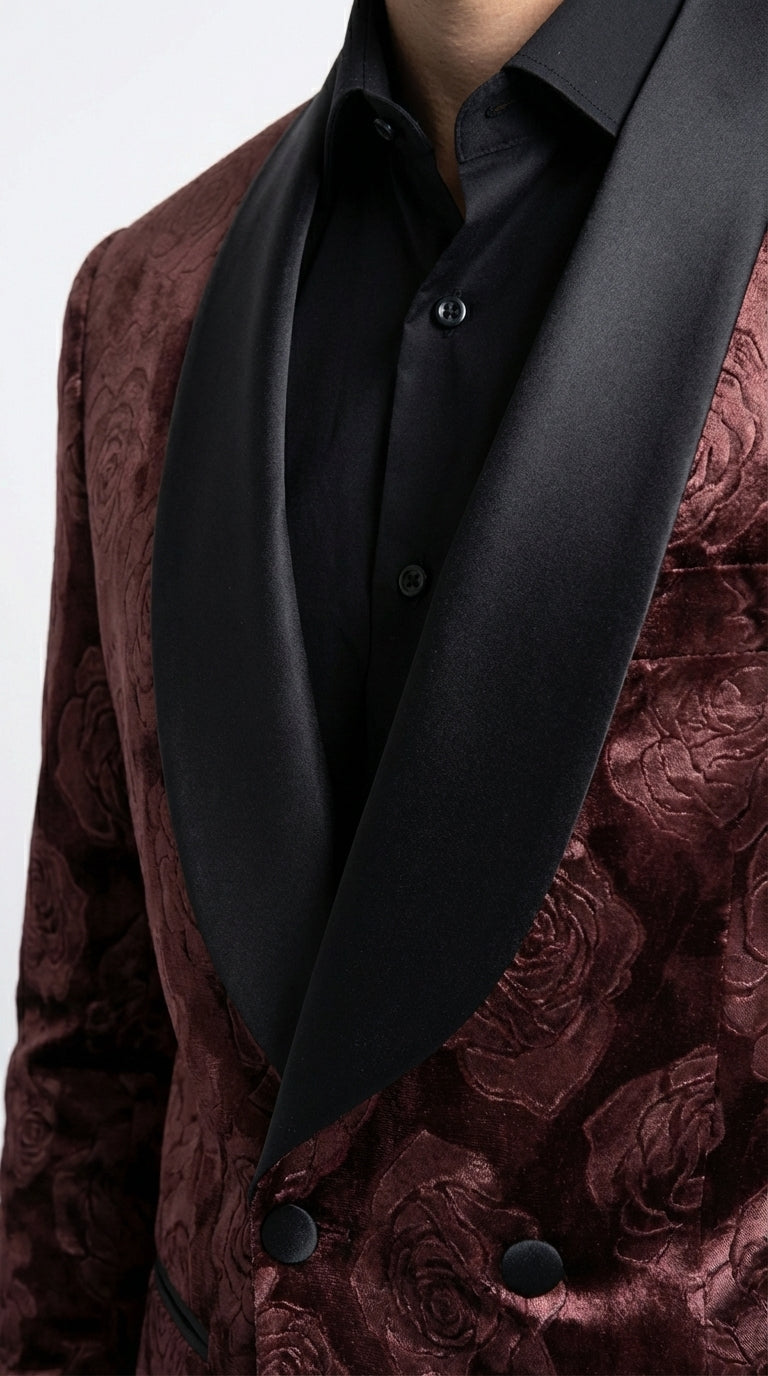 Mens Rust Copper Brick color Floral Jacquard Pasiley Blazer – Pattern Dinner Jacket with Black Shawl Lapel for Formal dinners and Wedding - 36 Short