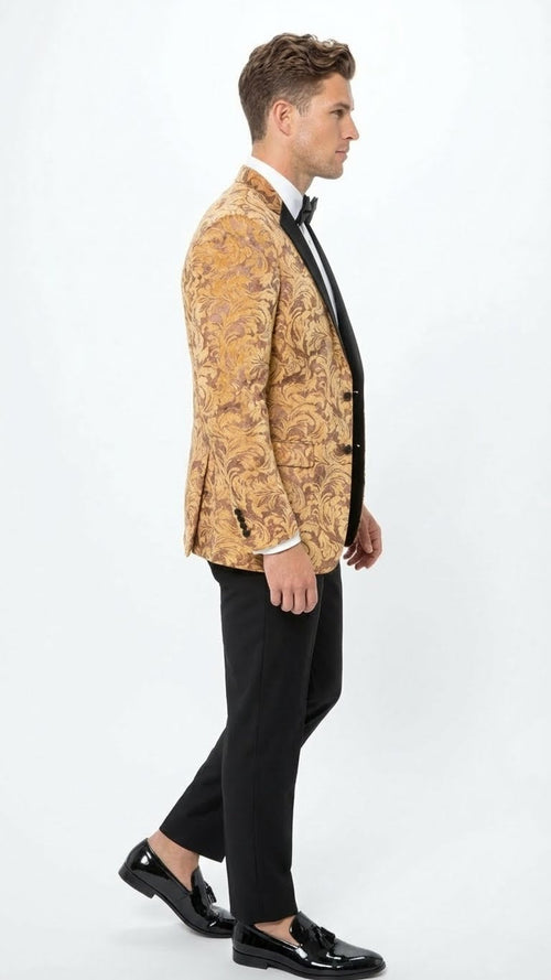 Mens Yellow Gold Baroque Pattern Tuxedo Blazer Suit Party and Wedding Jacket Prom Paisley Black Pants