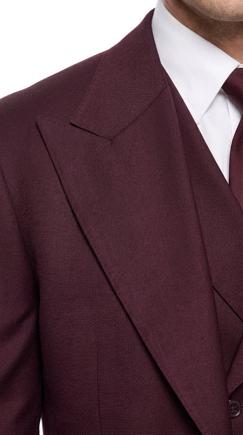 Tiglio Rosso Men’s Burgundy Wool Suit – Classic Fit Big Lapel Suit with Wide Leg Pleated Pants & Side Vents