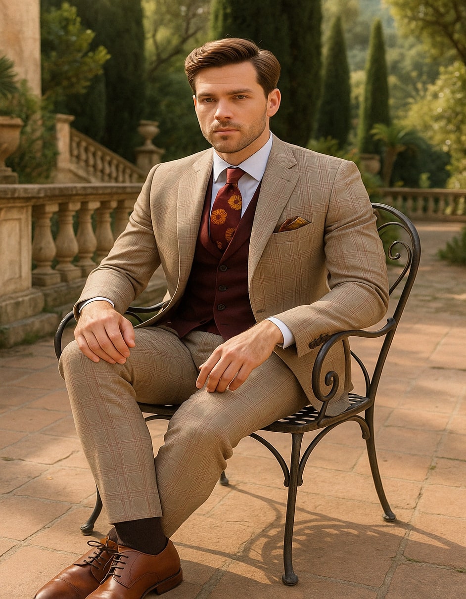 Men's Light Brown Plaid Suit with Burgundy Vest and Colorful Floral Tie â€“ 3 Piece Set - Taupe Windowpane Pattern - 34 Short or Extra Small