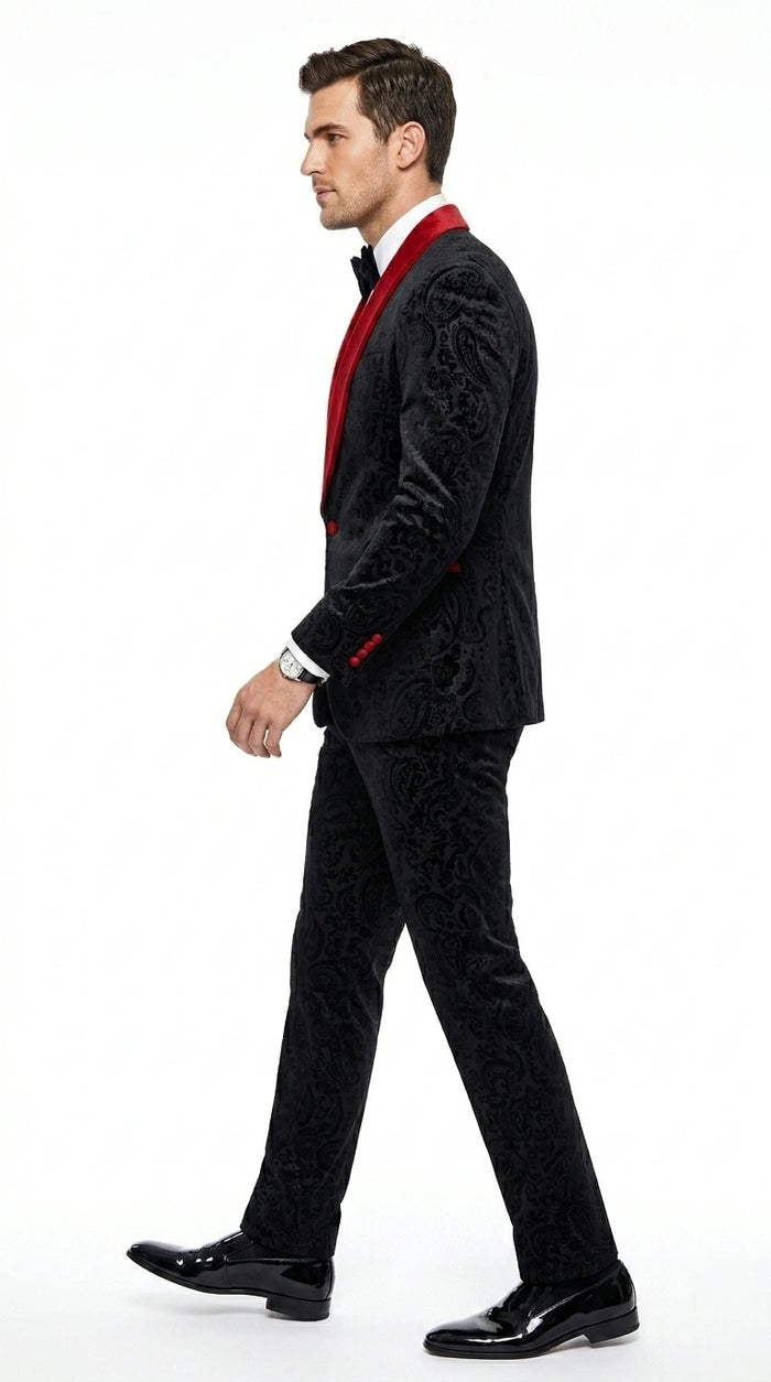 Men’s Black Paisley 2 Piece Suit with Red Shawl Lapel, Formal Wedding Prom Party Suit Set