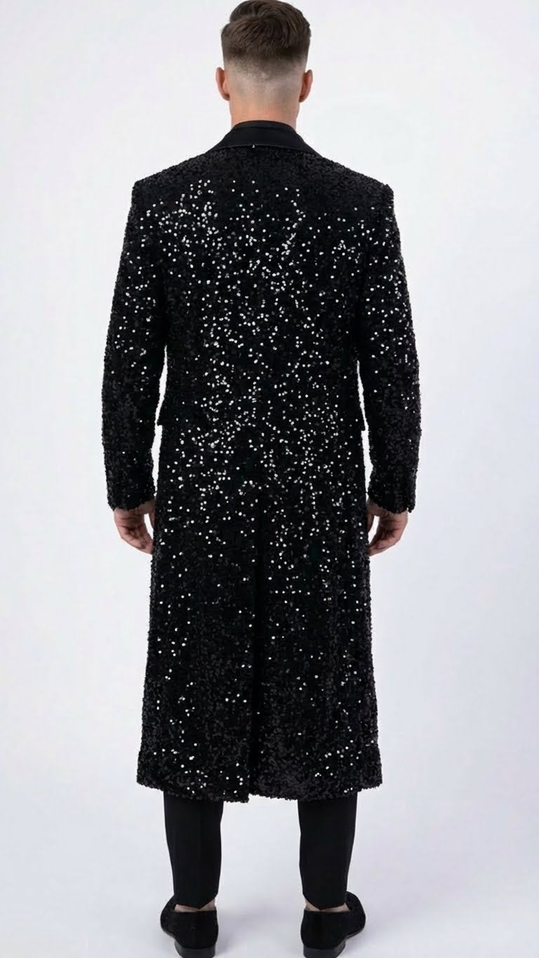 Mens Black Sequin Long Coat with Satin Shawl Lapel Luxury Statement Evening Overcoat - Coat Size 38