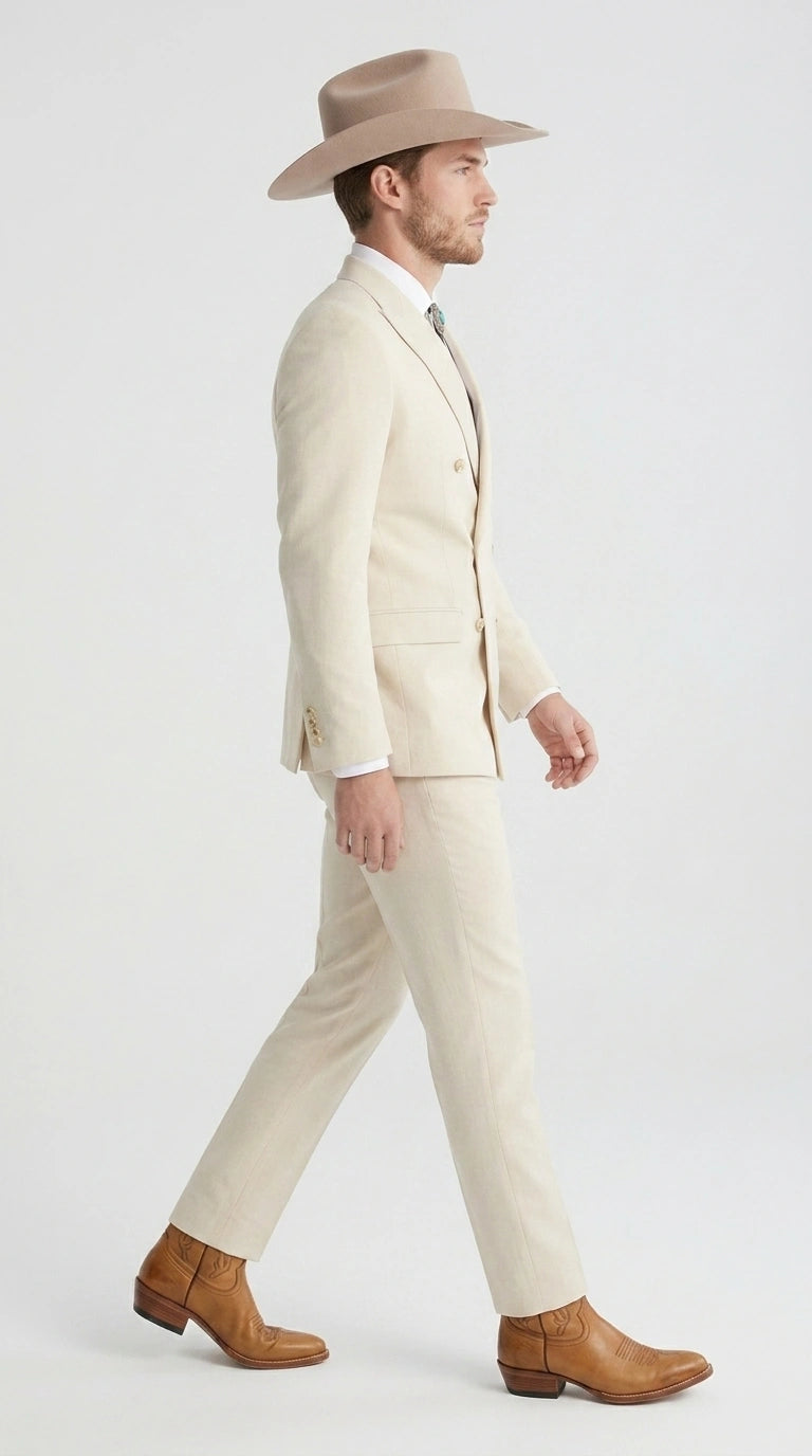 Men’s Tan Linen Cowboy Suit, Double Breasted Western Wedding Formal Western Suit Country style in Beige Tan Color - 34 Short or Extra Small