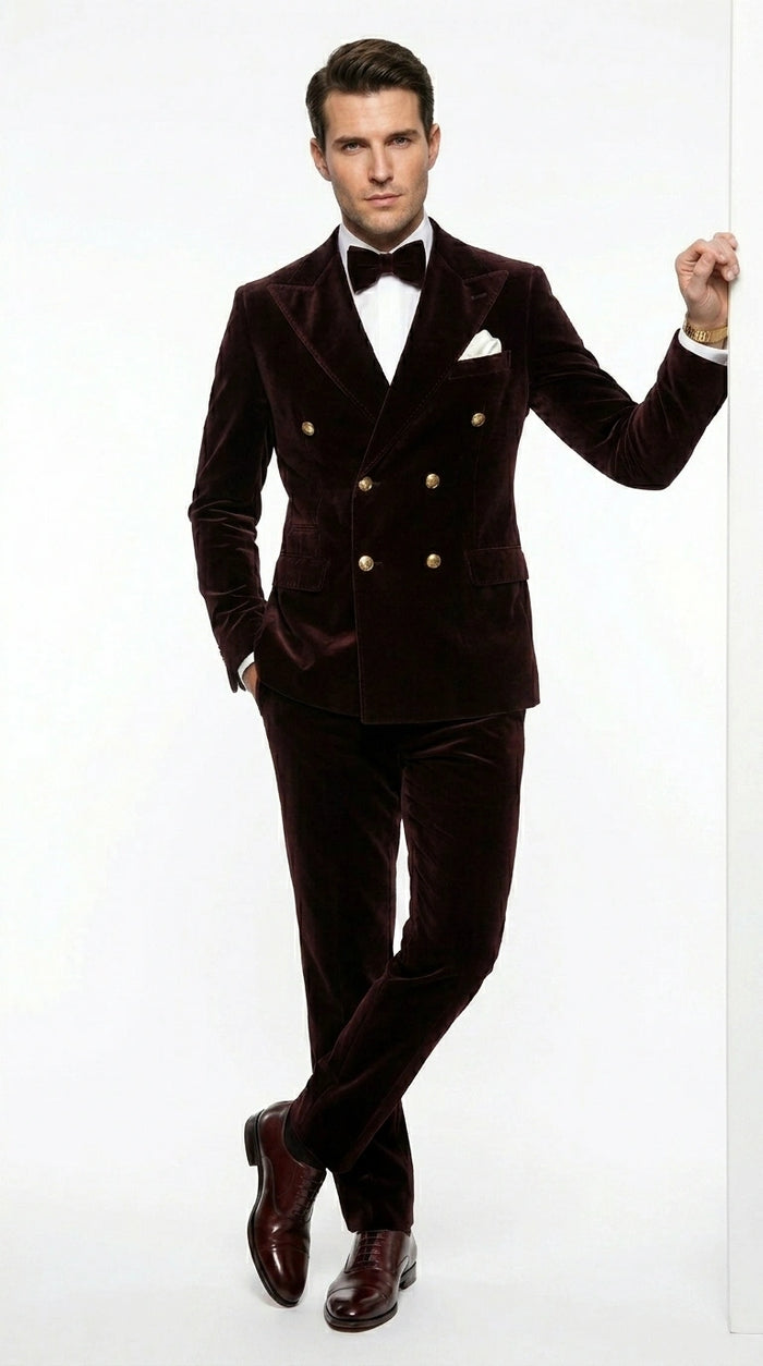 Men’s Dark Brown Velvet Blazer and Pants 2 Piece Suit, Double Breasted Formal Dinner Suit for Weddings, Prom