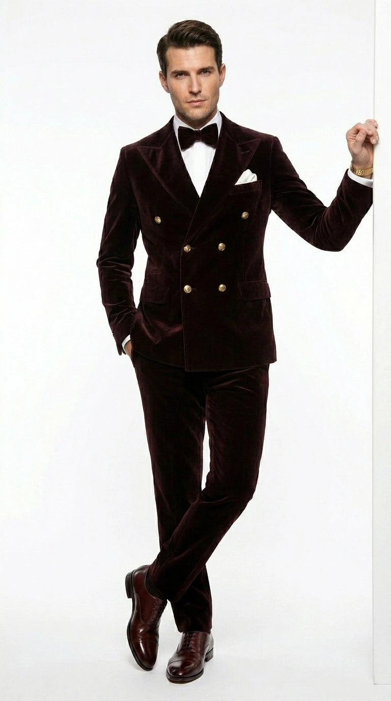 Men’s Dark Brown Velvet Blazer and Pants 2 Piece Suit, Double Breasted Formal Dinner Suit for Weddings, Prom - 34 Short or Extra Small