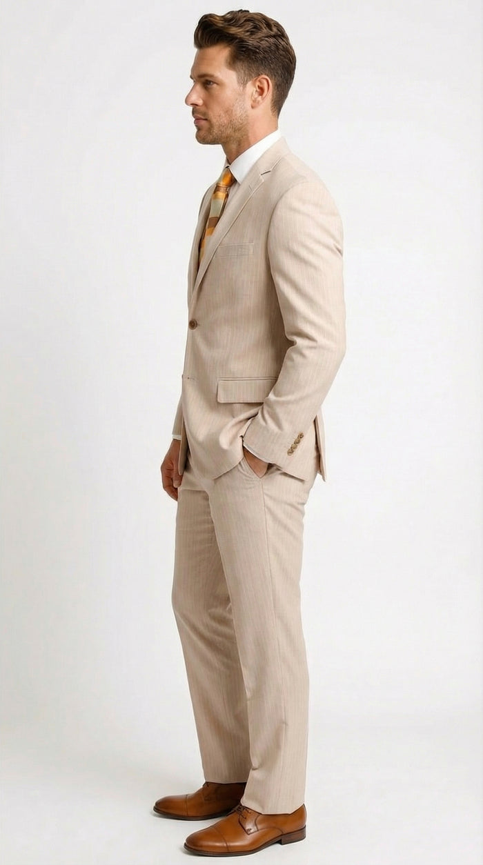 Vitali Mens Natural Beige Pinstripe Suit Summer Tan Pinstripe  Weddings and Business Wear