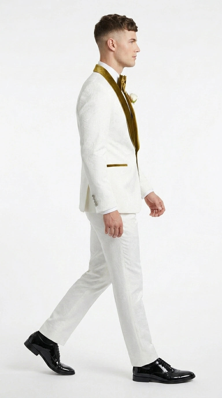 Men’s White Paisley 3 Piece With Vest Prom Tuxedo with Gold Velvet Shawl Lapel, Formal Wedding Suit Set - 34 Short or Extra Small