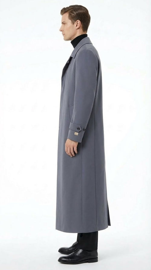 Mens Full-Length Charcoal Grey Overcoat Premium Microfiber Blend Long Dress Coat for Winter and Formal Wear in Gray Color