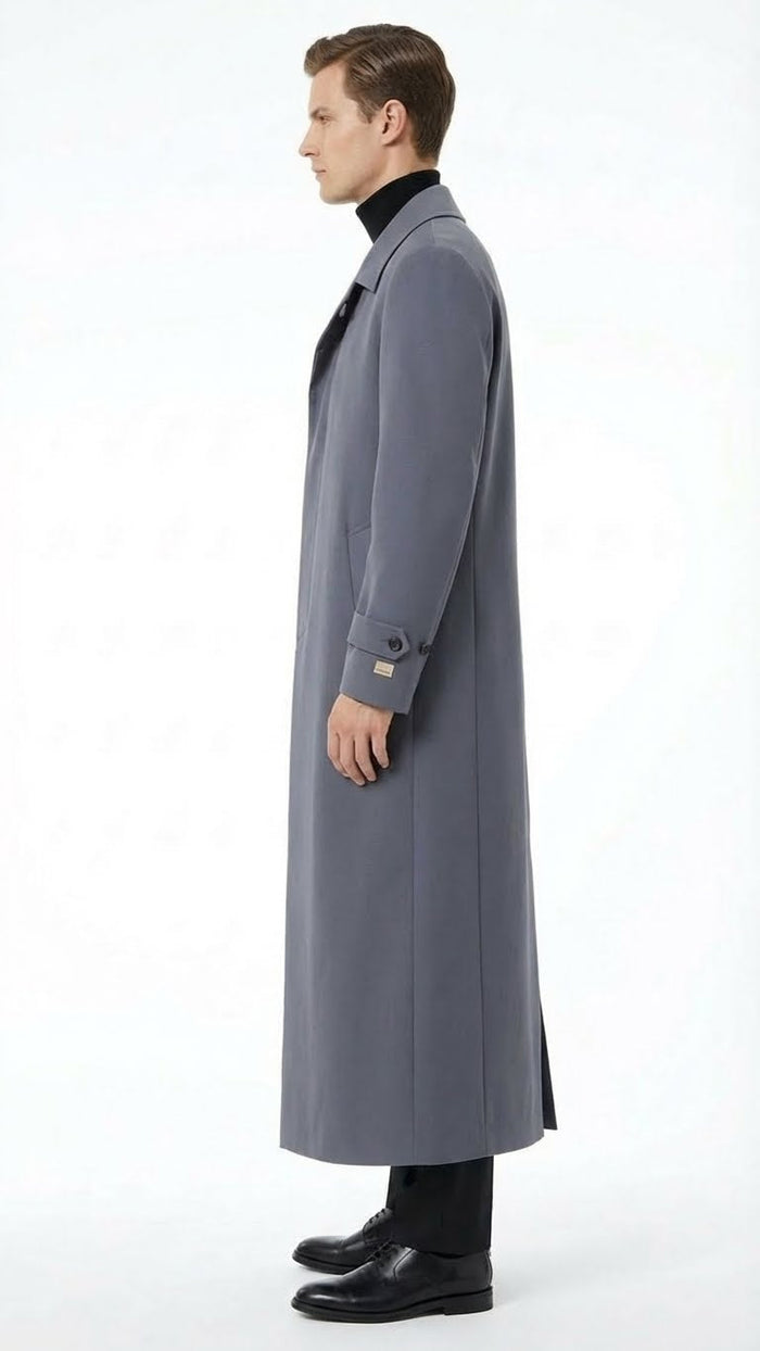 Mens Full-Length Charcoal Grey Overcoat Premium Microfiber Blend Long Dress Coat for Winter and Formal Wear in Gray Color