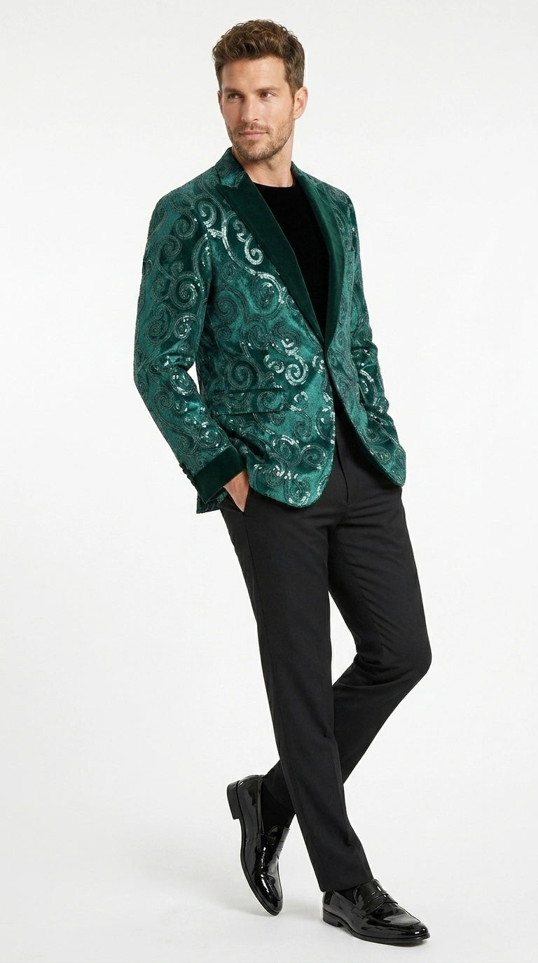 Men’s Emerald Green Paisley Tuxedo Dinner Jacket with Black Lapel, Formal Prom Wedding Party Blazer - 34 Short or Extra Small