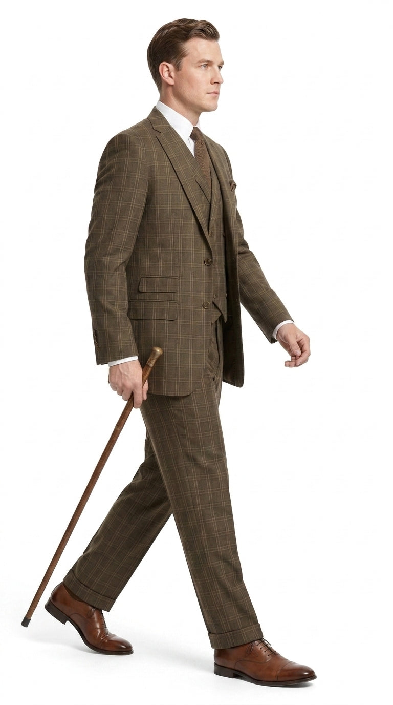 Men’s 1930s Brown Plaid 3 Piece Suit, Vintage Formal Wedding Business Dress Suit Set - 34 Short or Extra Small