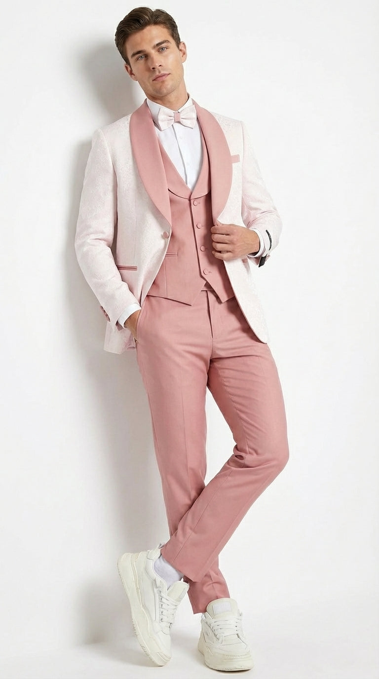 Men’s Cream and Rose Pink Prom Suit – Cream Tuxedo Jacket with Rose Pink Pants and Shawl Lapel Formal Suit for Prom and Wedding - 34 Short or Extra Small