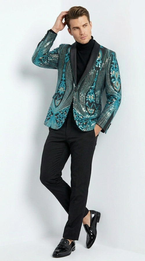 Men’s Black and Turquoise Blue With teal green Sequin Dinner Jacket, Formal Prom Wedding Paisley Floral Mardi Gra Pattern