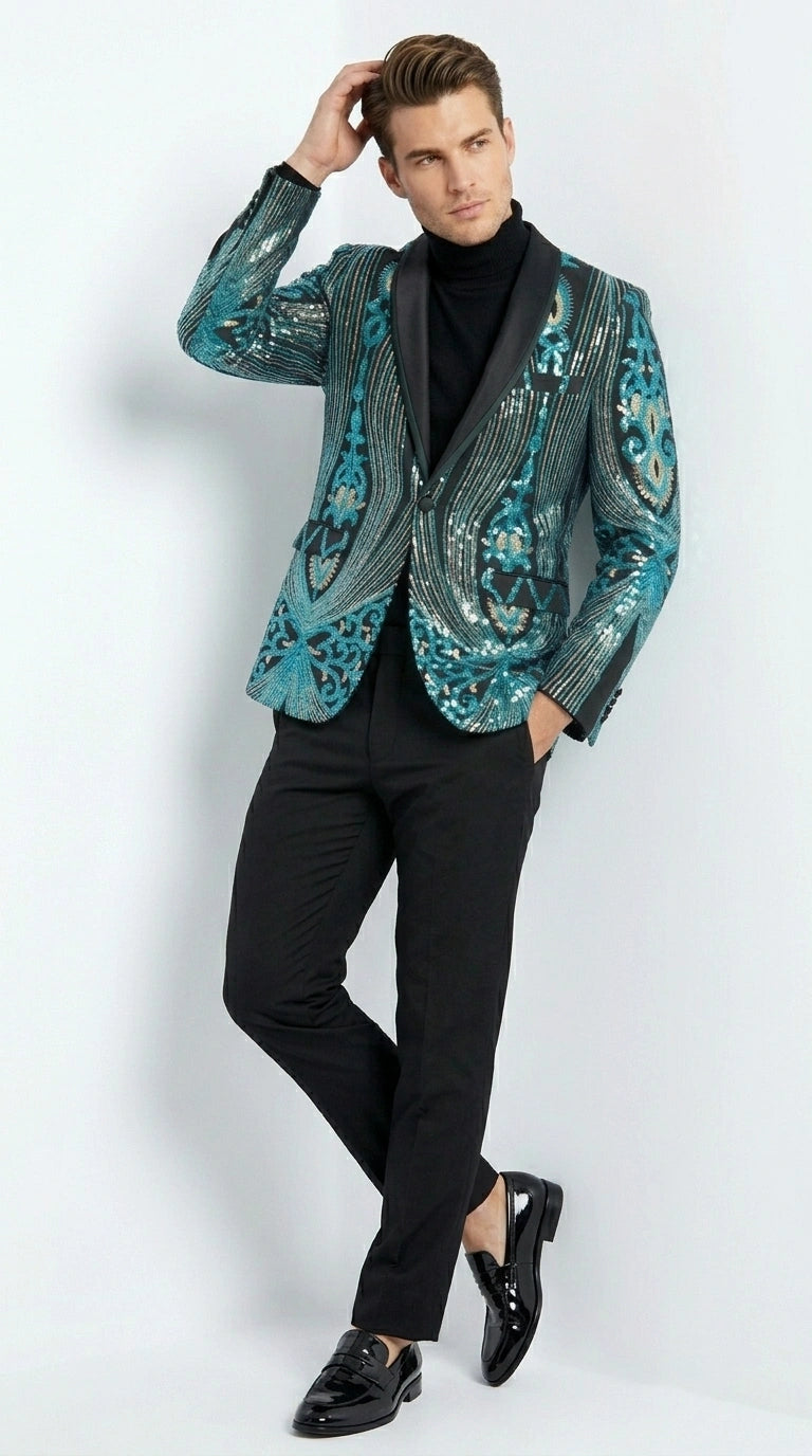 Men’s Black and Turquoise Blue With teal green Sequin Dinner Jacket, Formal Prom Wedding Paisley Floral Mardi Gra Pattern - 36 Short