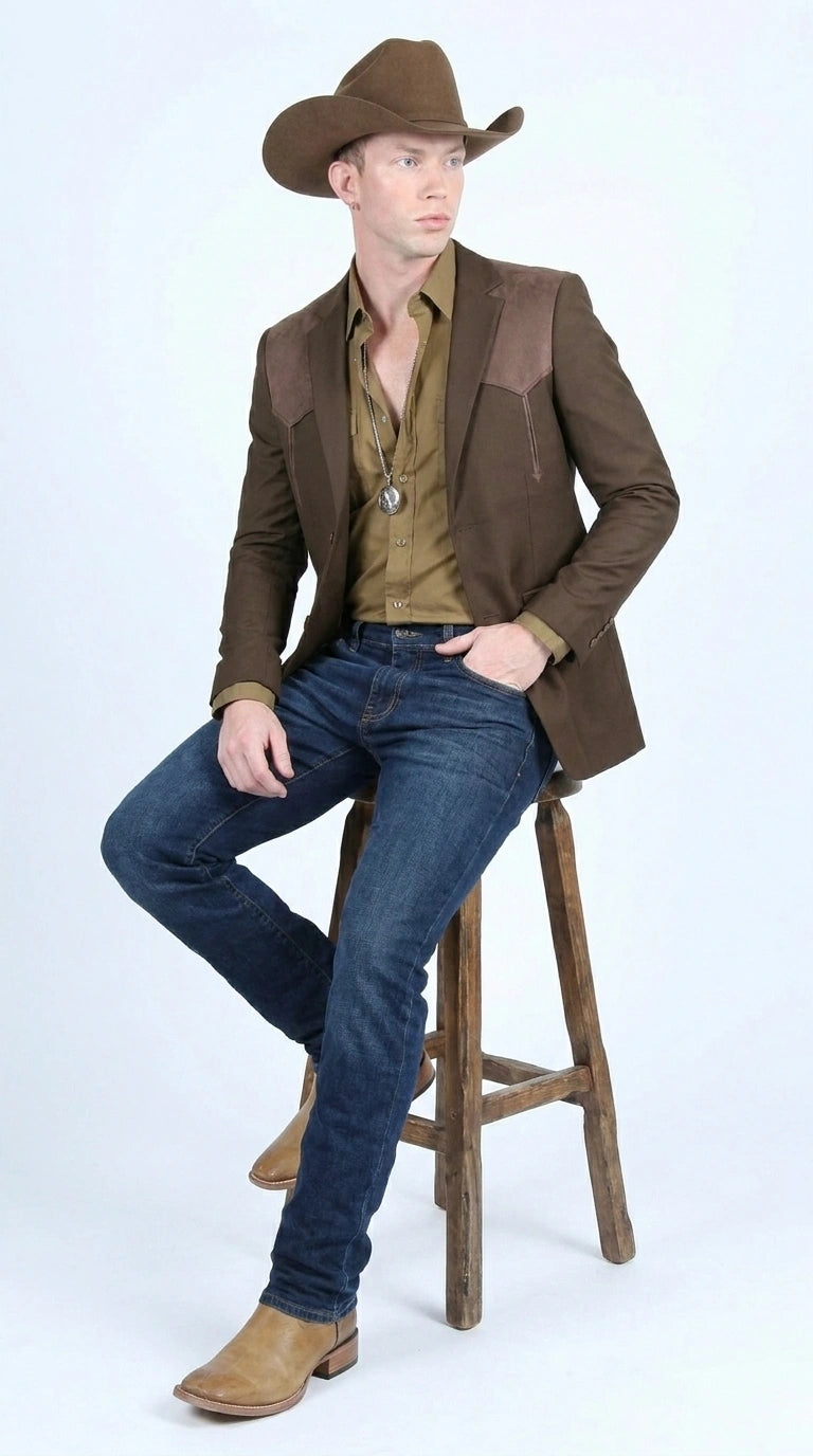 Men’s Dark Brown Western Blazer with Suede Yokes, Cowboy Sport Coat for Ranch Wedding and Country Events - 36 Short