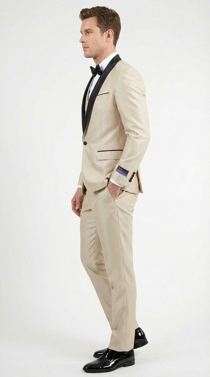 Mens Champagne Beige Shiny Tuxedo 3 Piece Suit with Black Shawl Lapel | Formal Wedding Prom Suit Set in Sand Light Tan Color