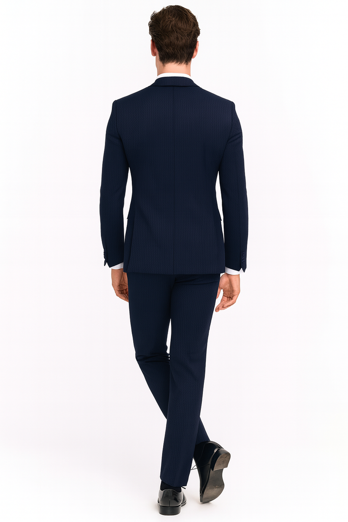 Mens Navy Blue Tuxedo with Satin Peak Lapel With Matching Color Lapel Sateen Formal 2 Piece Suits