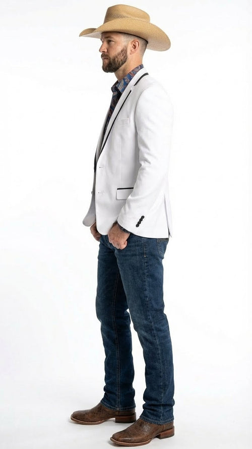 Mens White Western Blazer with Black Trim Classic Cowboy Style