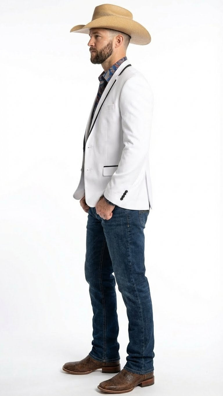 Menâ€™s White Western Blazer with Black Trim â€“ Classic Cowboy Style - 36 Short