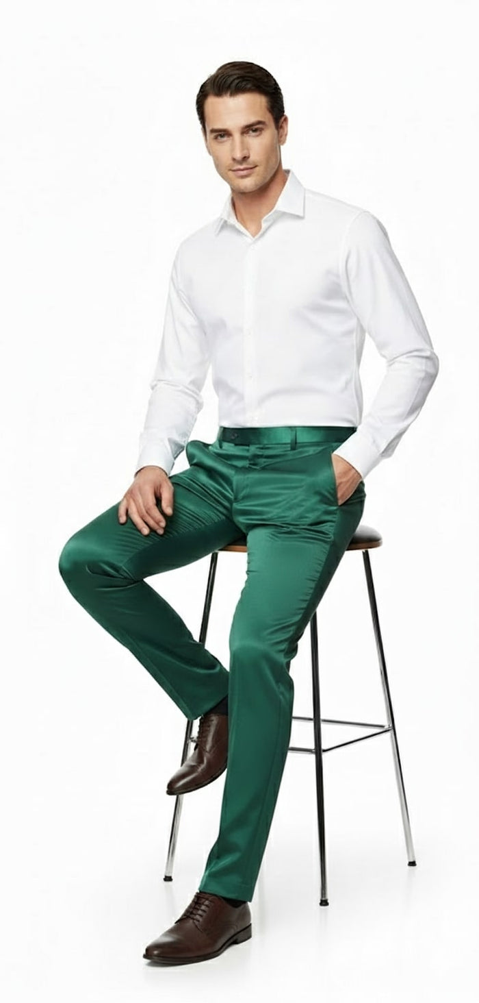 Mens Emerald Green Satin Slim Fit Dress Pants Shiny Formal Party and Wedding Trousers