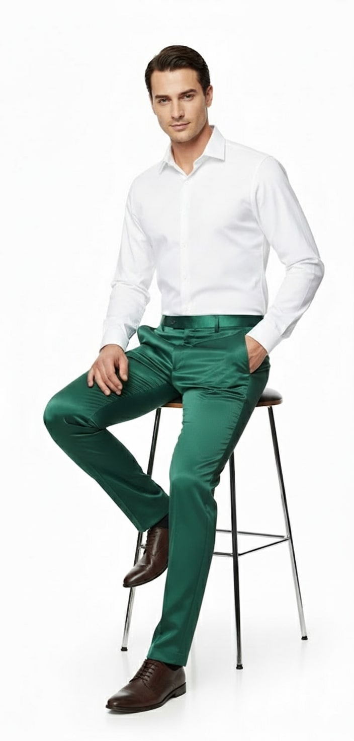 Mens Emerald Green Satin Slim Fit Dress Pants – Shiny Formal Party and Wedding Trousers - dress size pants : 28 Unfinished bottom