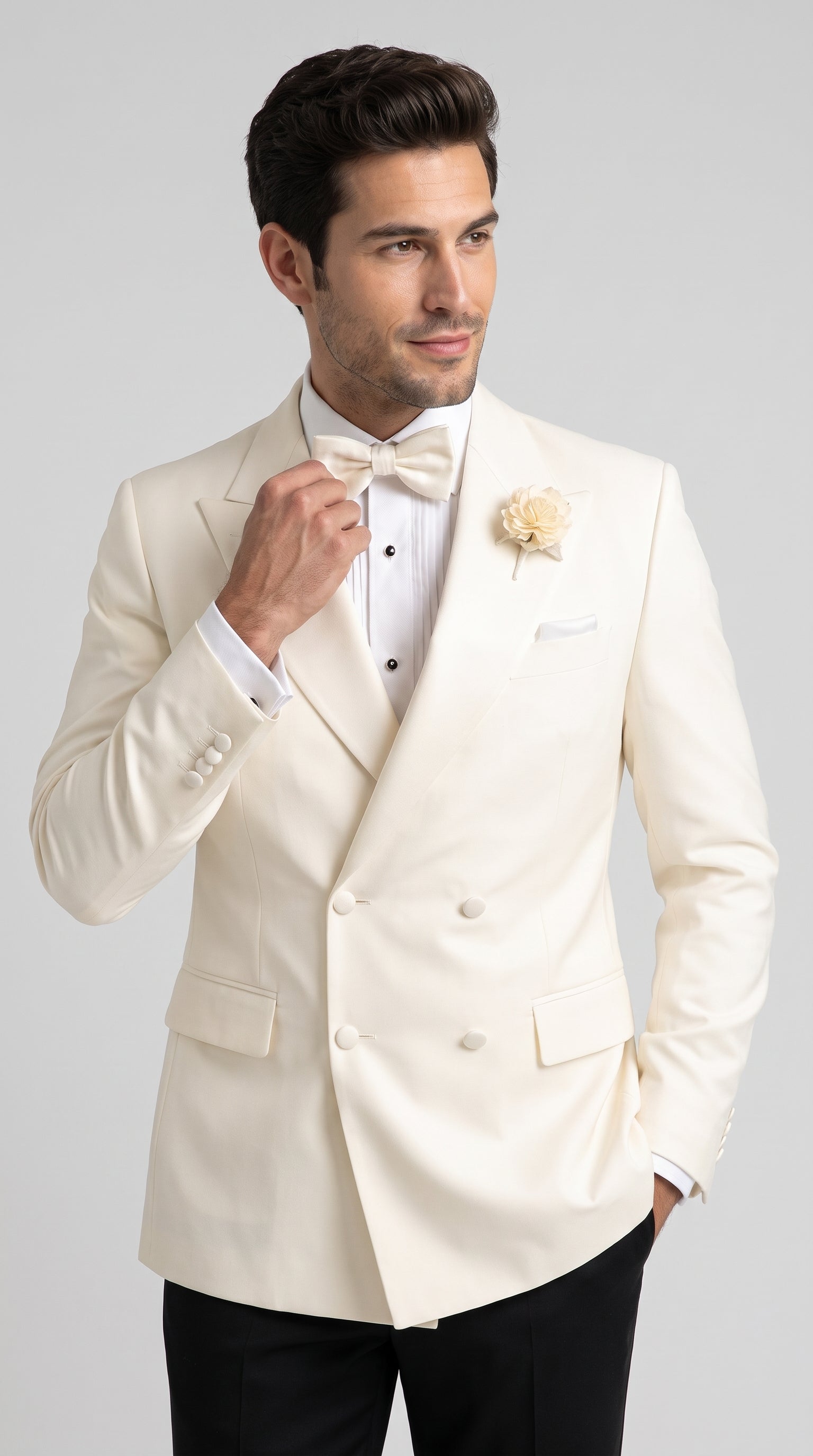 Men’s Ivory Double Breasted Dinner Jacket, Peak Lapel Formal Wedding Prom Tuxedo Blazer in cream off white color - 36 Short