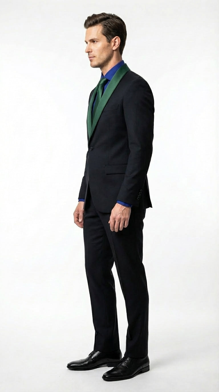 Men’s Black Suit with Hunter Green Shawl Lapel – Black and Hunter Green Formal Tuxedo Suit for Wedding, Prom With Bow Tie - 34 Short or Extra Small