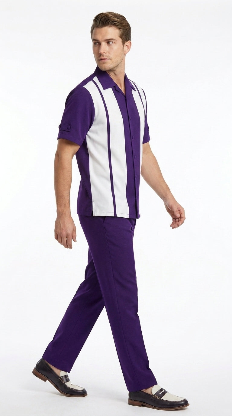 Men’s Purple and White Walking Suit – 2-Piece Short Sleeve Casual Leisure Outfit - Small