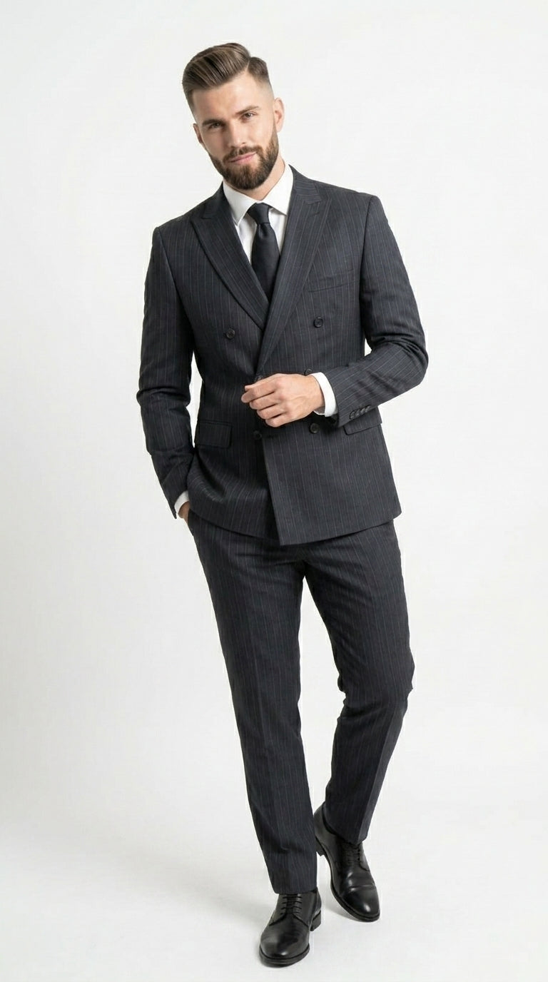 Men’s Black Pinstripe Double Breasted Suit – Classic Formal Business Suit Office and Evening Wear Modern Fit Conservative pattern - 34 Short or Extra Small