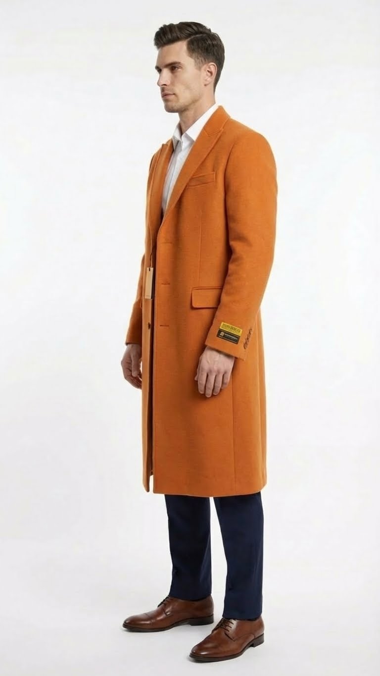 Men’s Orange - Rust Wool Blend Long Overcoat – Topcoat Carcoat Topcoat - Coat Size 38