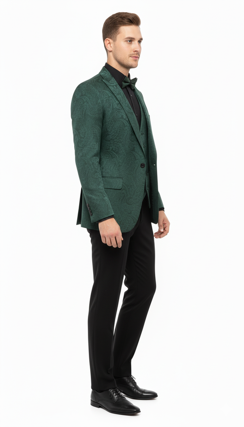 Mens Emerald Green Paisley Tuxedo 3-Piece Suit Slim Fit Formal Blazer, Vest, and Pants for Weddings, Proms