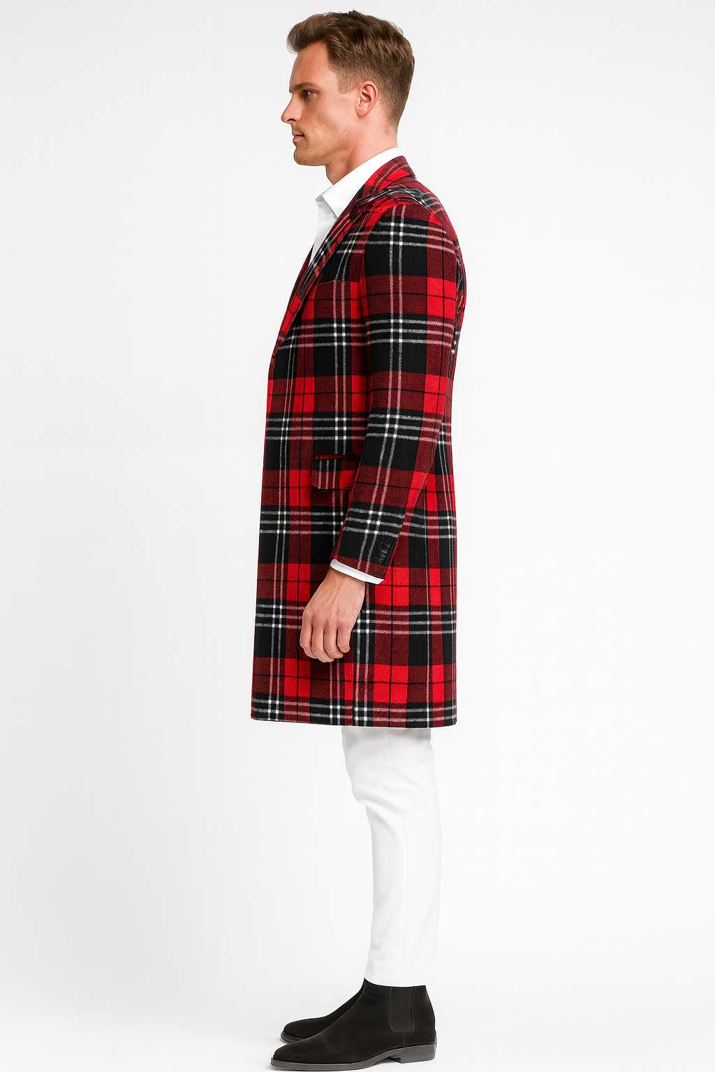 Men’s Red Plaid Wool Overcoat – Classic Tartan Check Long Coat for Stylish Winter Wear - Coat Size 38
