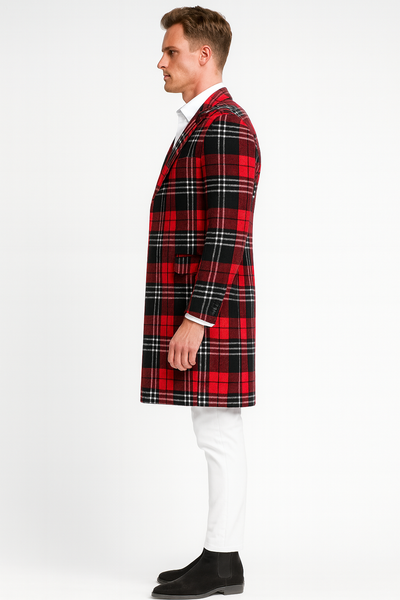 Mens Red Plaid Wool Overcoat Classic Tartan Check Long Coat for Stylish Winter Wear