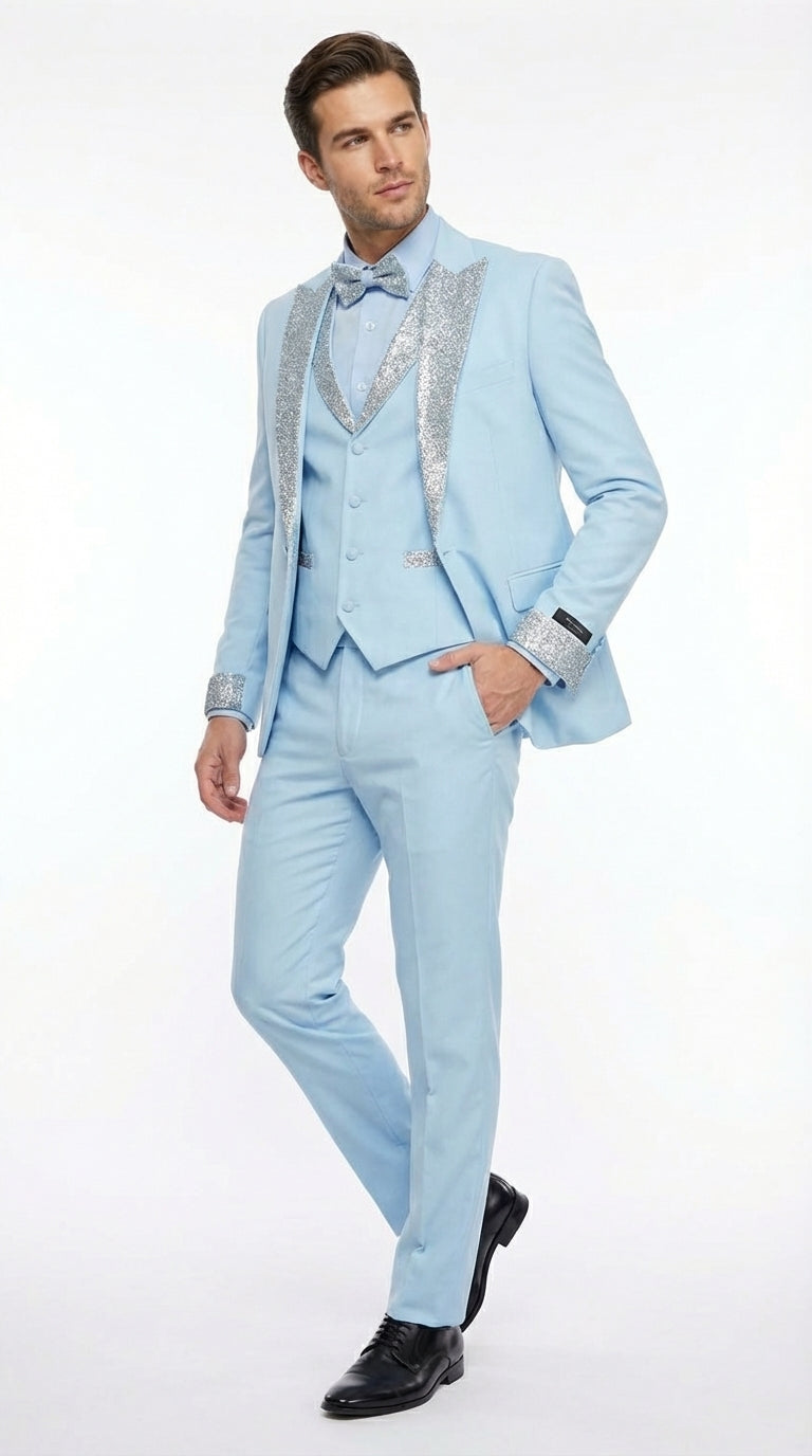 Men’s Light Blue Suit with Silver Glitter Lapel – Light Blue Formal Tuxedo Suit for Prom, Wedding and Special Occasion Wear in Sky Baby Blue - 34 Short or Extra Small