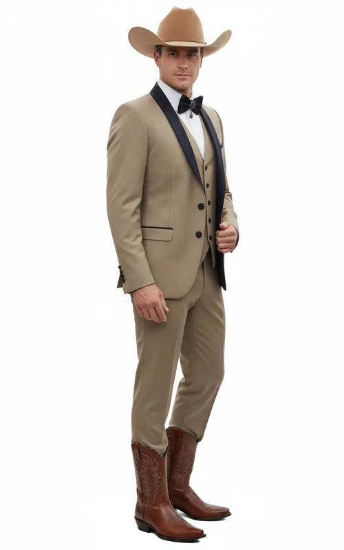 Mens Western Cowboy Suit 3-Piece Tan Tuxedo with Black Lapel, Vest, and Pants Beige  Color