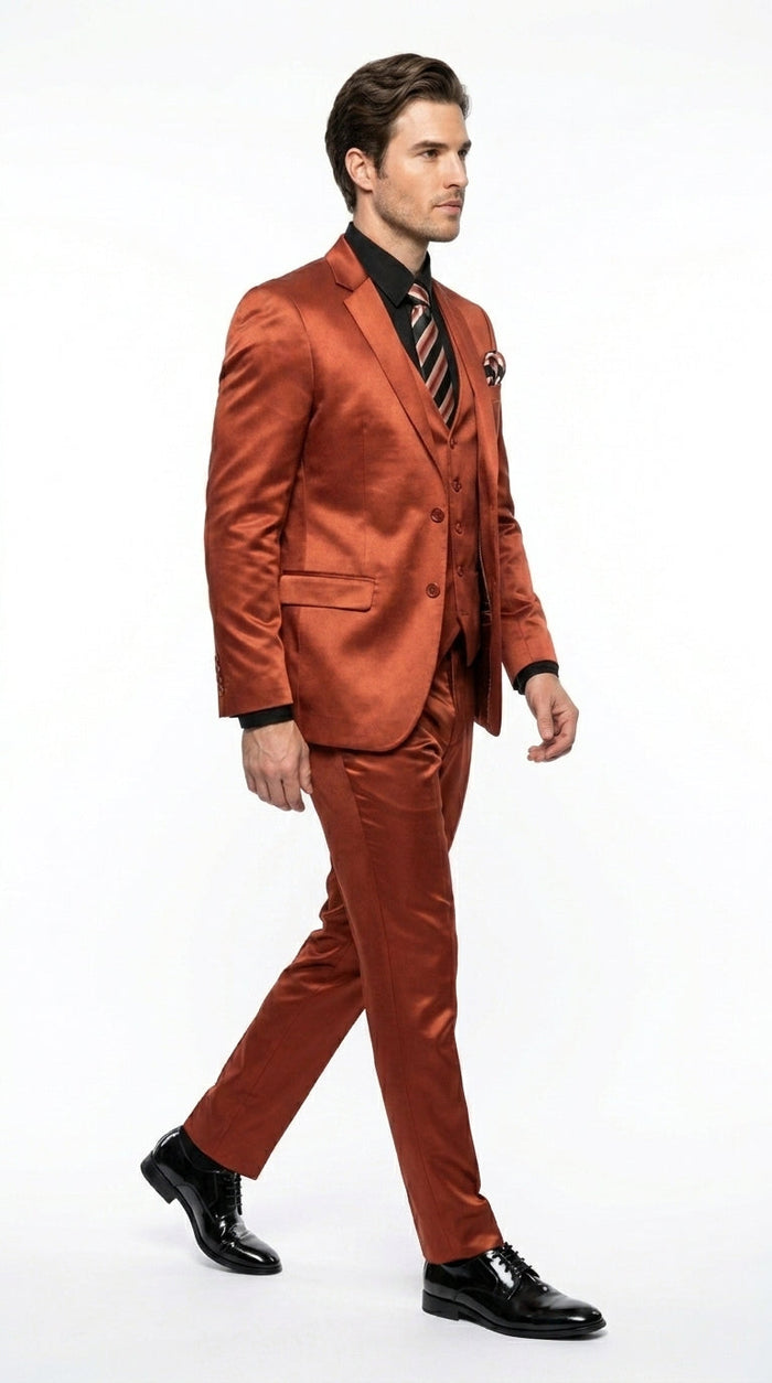 Men’s Rust Copper Coganc Shiny Sateen 3 Piece Suit, Vested Formal Wedding Prom Suit Set Ultra Slim Fit