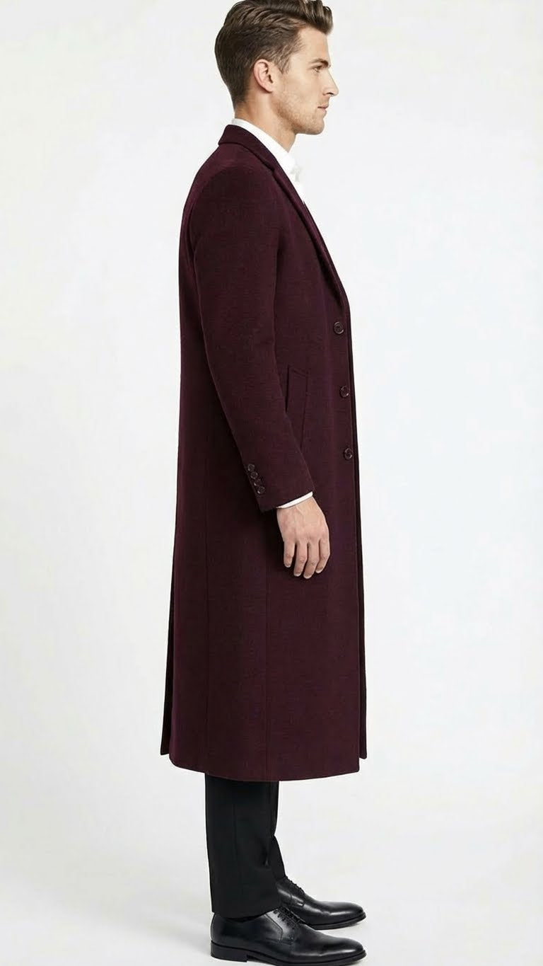 Men’s Burgundy Long Coat – Classic Fit Wool Blend Overcoat - Topcoat Full length - Coat Size 38