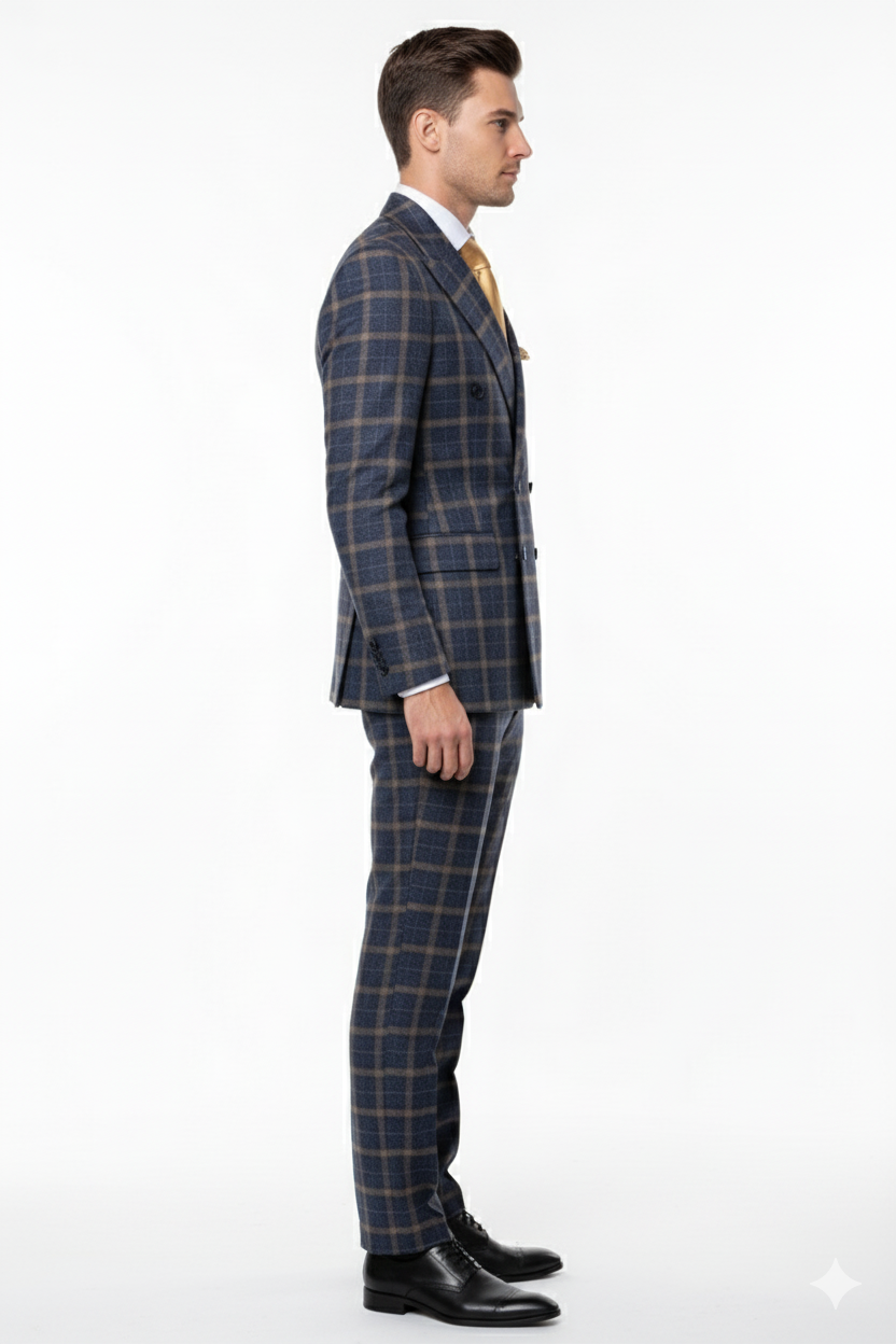 Men’s Navy and Tan Windowpane Double-Breasted Suit | Classic 2-Piece Plaid Dress Suit, Business, and Formal Events By Rossiman - 34 Short or Extra Small