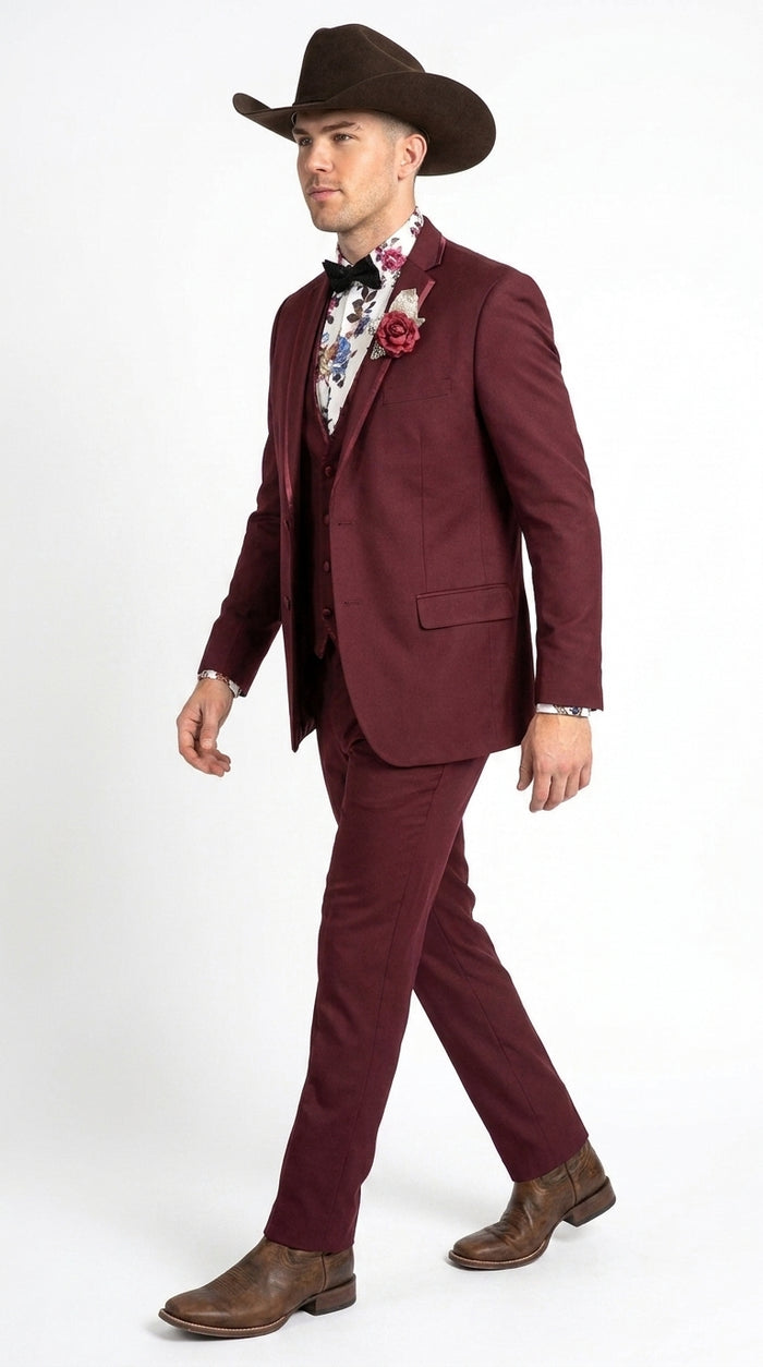 Men’s Burgundy Western Tuxedo Suit, 3 Piece Cowboy Formal Wedding Prom Suit with Satin Trim