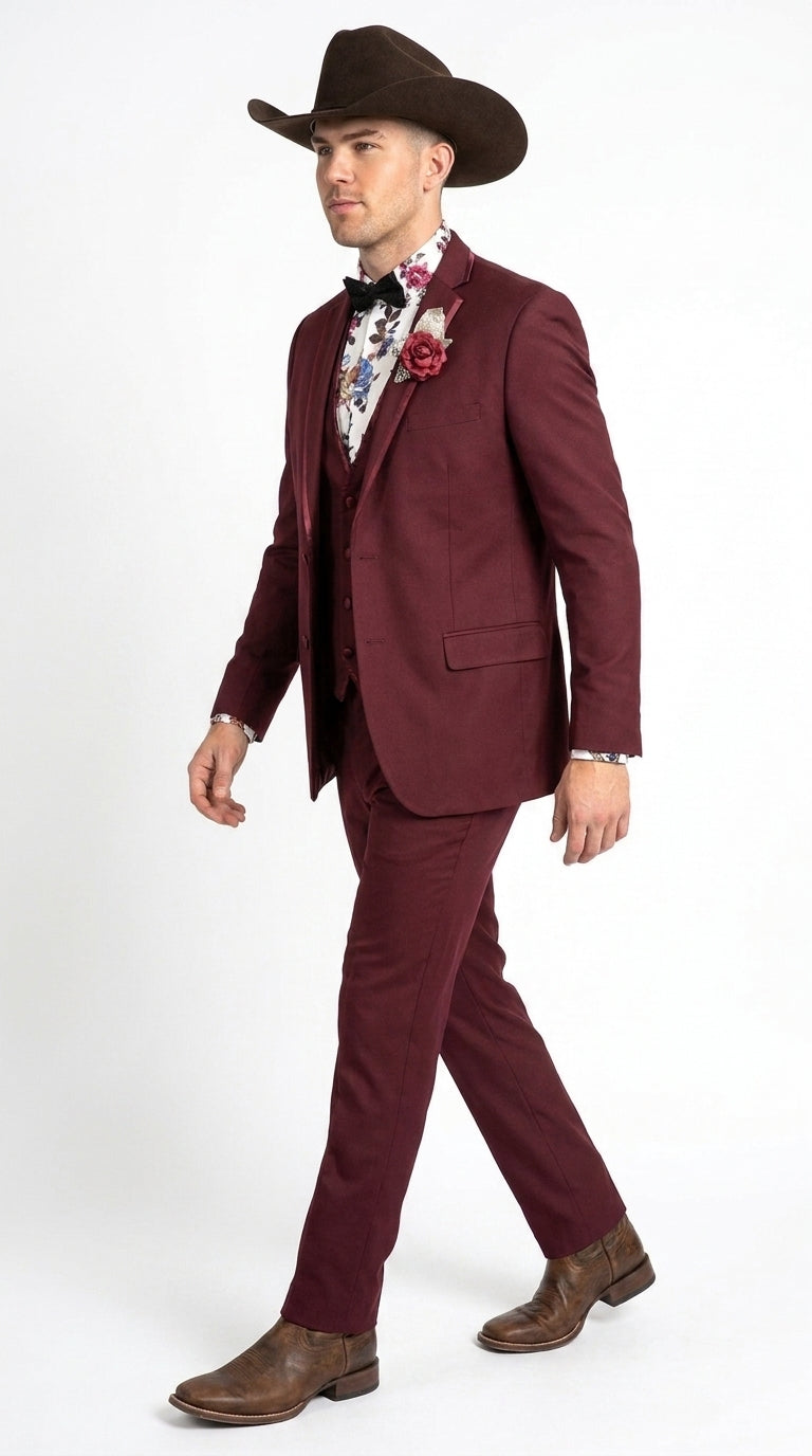 Men’s Burgundy Western Tuxedo Suit, 3 Piece Cowboy Formal Wedding Prom Suit with Satin Trim