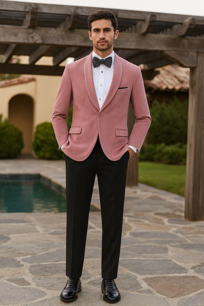 Mens Pink Velvet Tuxedo Dinner Jacket with Shawl Lapel Slim Fit Blazer for Weddings, Prom in Rose Gold Color