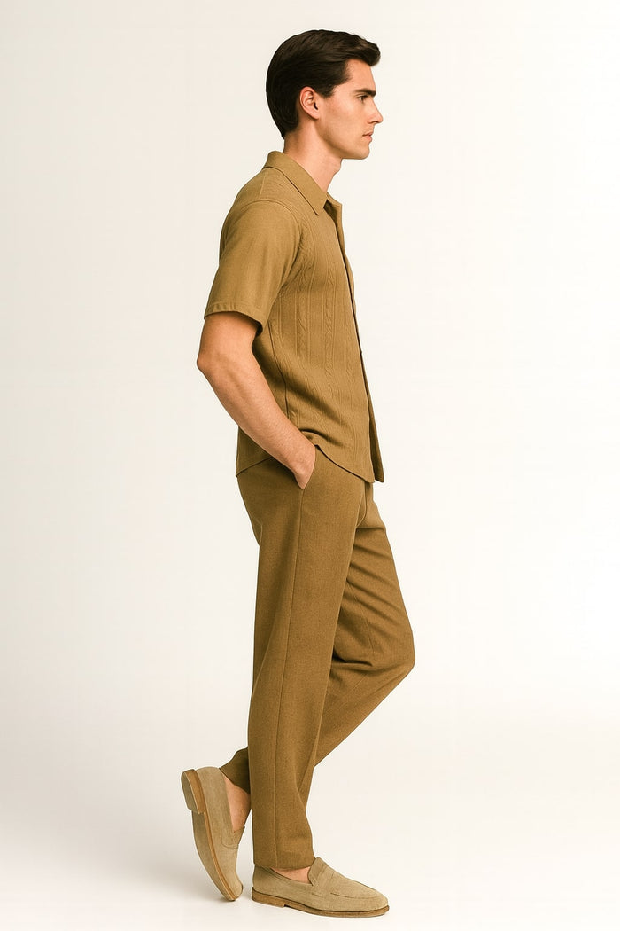 Mens Mocha Brown Short Sleeve Knit Walking Suit Two-Piece Casual Button Down Set in Taupe Coffee Color