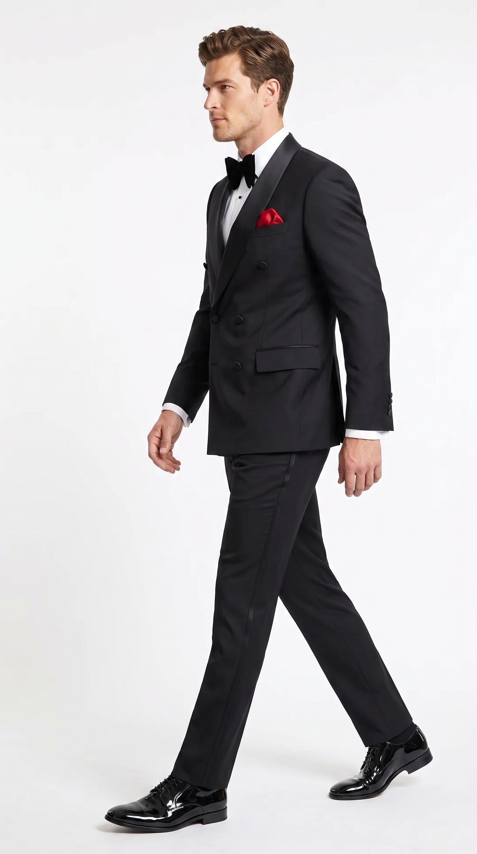 Men’s Black Double Breasted Evening Wear Suit with Satin Shawl Lapel and Red Pocket Square - 34 Short or Extra Small