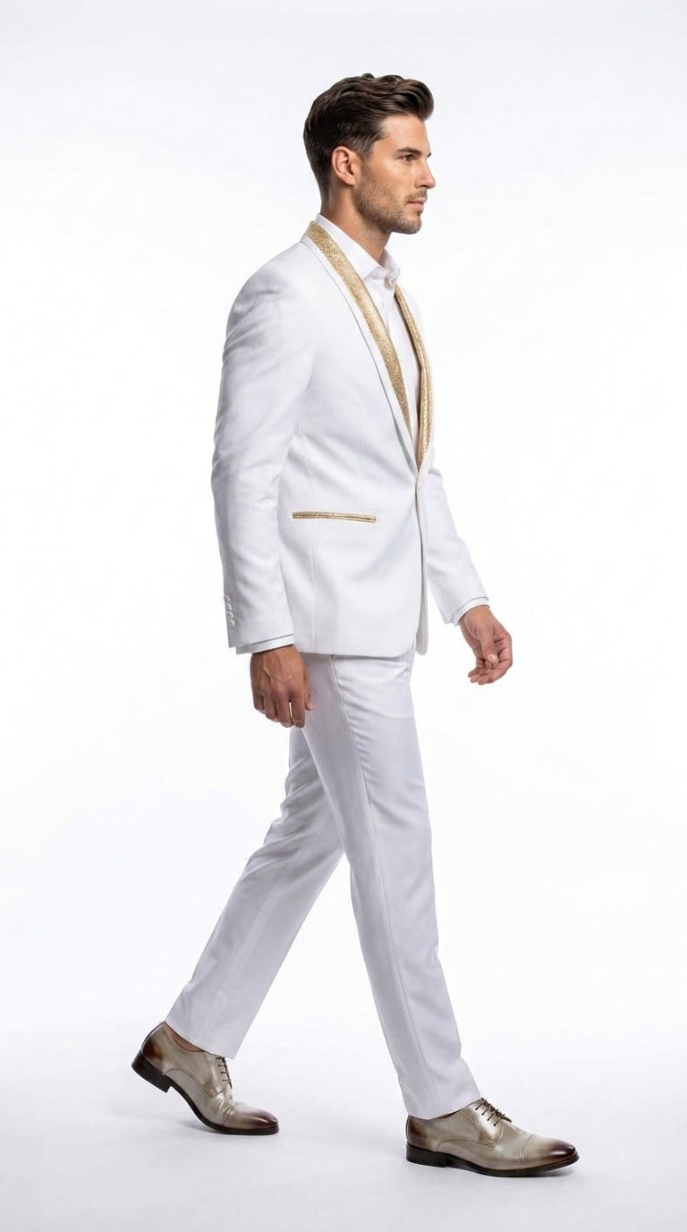 Men’s White and Gold Lapel 2-Piece Tuxedo Suit with Gold Glitter Shawl Lapel – Wedding, Prom and Dinner Jacket - 34 Short or Extra Small