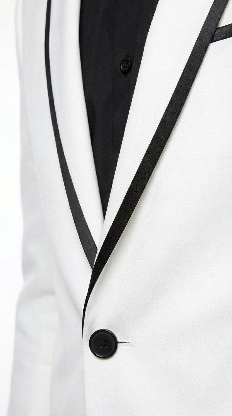 Men’s White Disco Blazer 70s Era Costume Jacket – Black Trim Retro Party Blazer, Vintage Dance Outfit, Stylish Evening Themed Wear - 36 Short