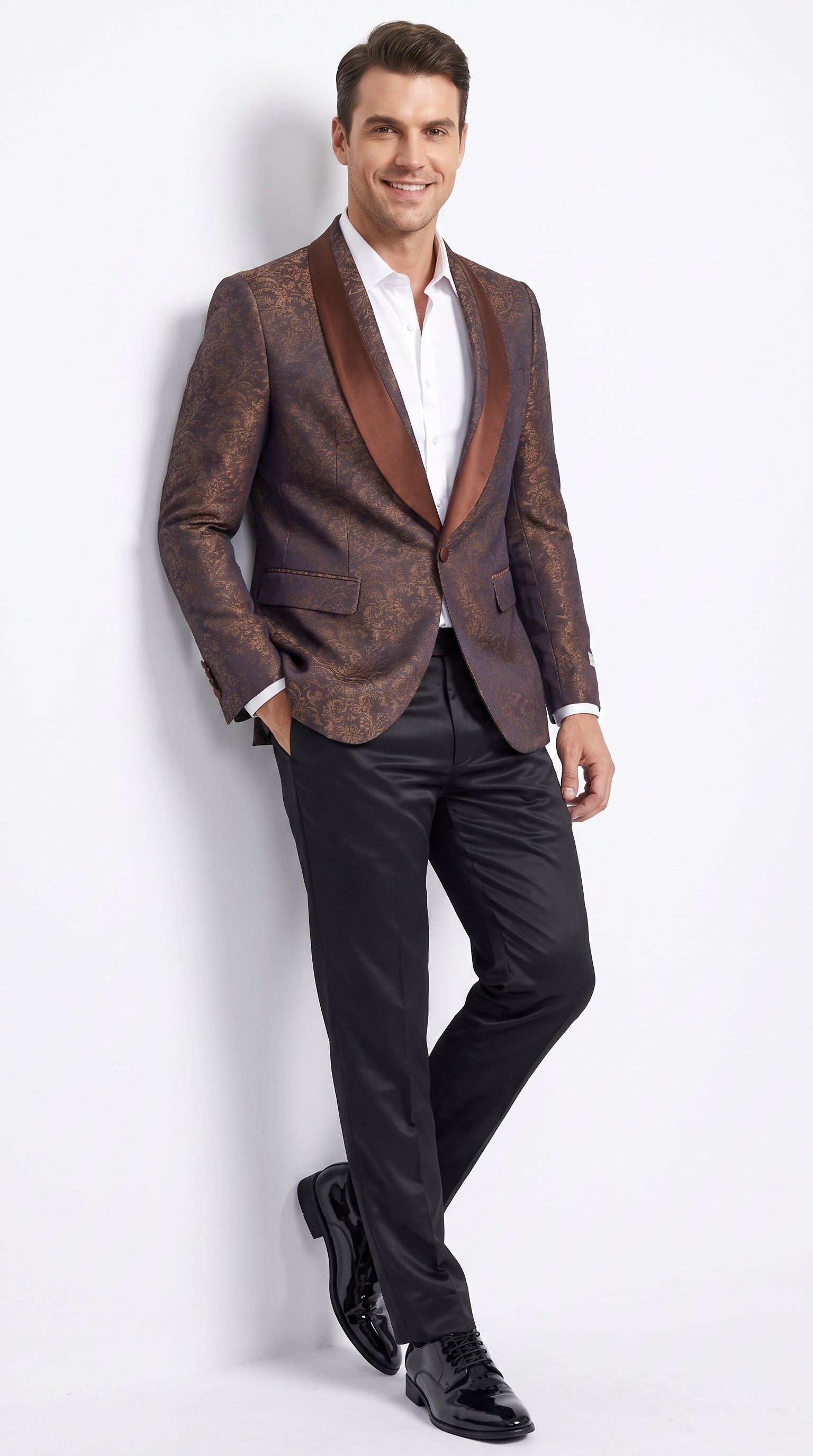 Men’s Light Brown Paisley Tuxedo Jacket, Wedding Prom Dinner Blazer with Satin Shawl Lapel - 36 Short